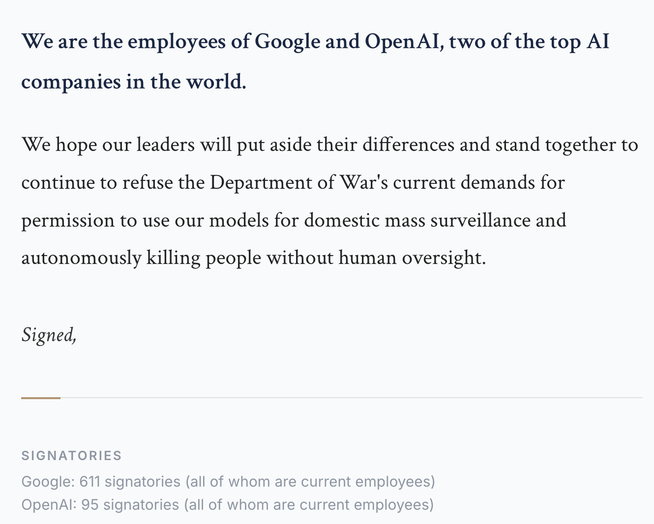 Screenshot of the webpage for "We Will Not Be Divided" signed by employees of openai and google