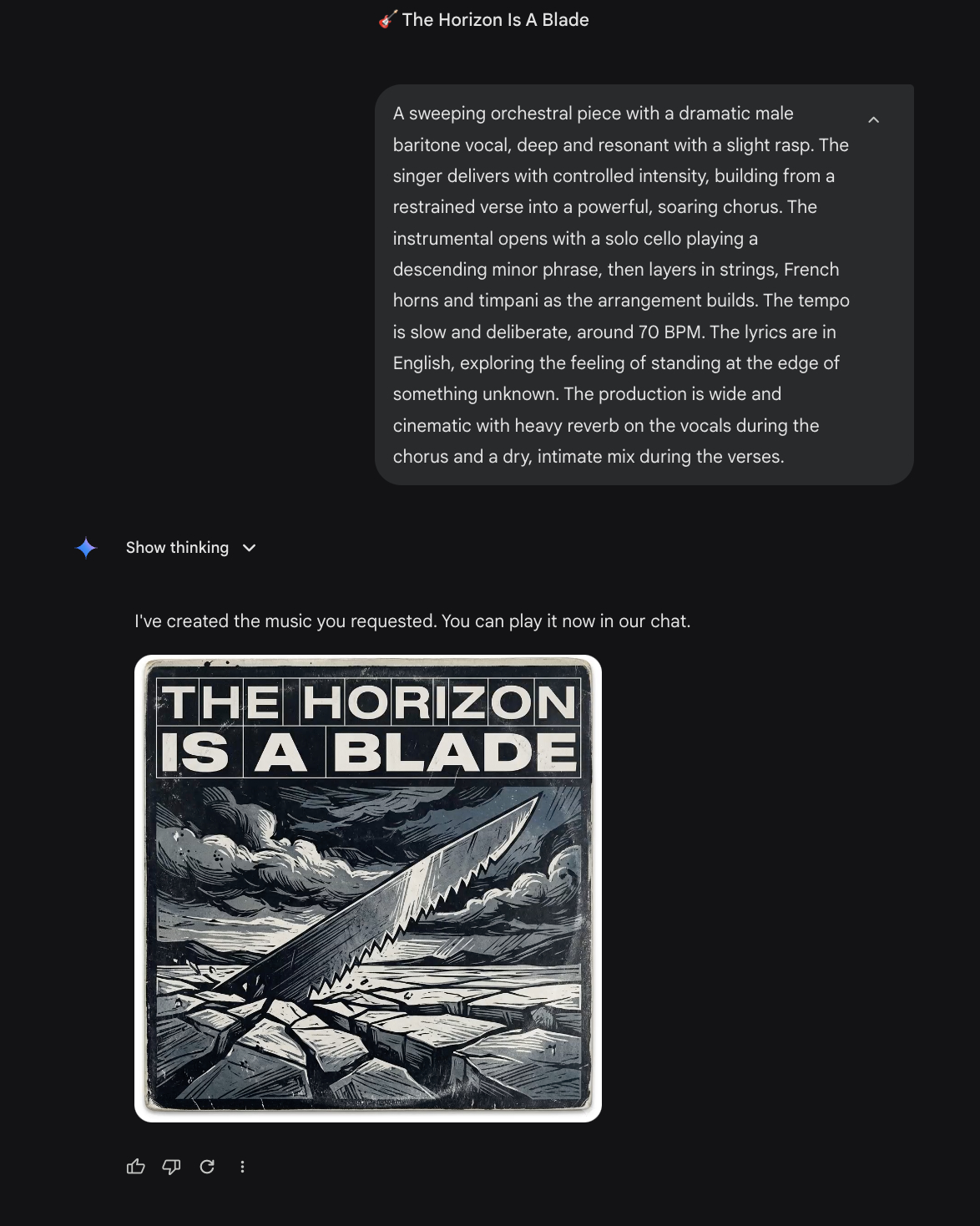 Screenshot of Google Gemini's music generation interface showing a detailed text prompt requesting a sweeping orchestral piece with a dramatic male baritone vocal at 70 BPM, specifying instruments, dynamic arc and mixing directions. Gemini generated a track titled "The Horizon Is A Blade" with auto-generated cover art depicting a stylized woodcut illustration of jagged rock formations against a stormy sky.