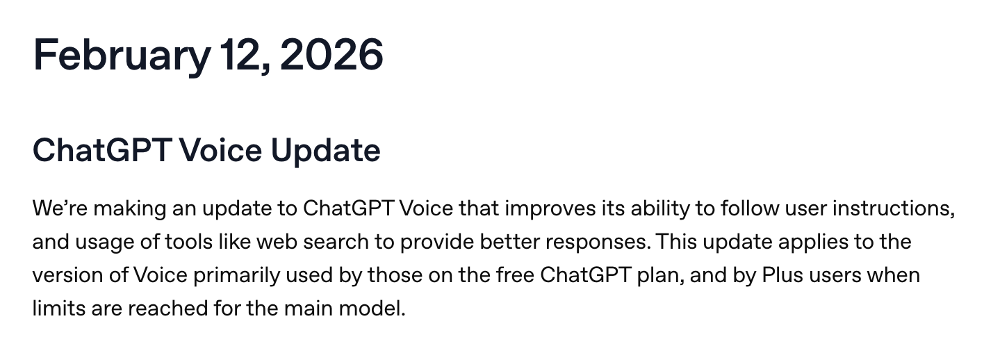 A screenshot from OpenAI's ChatGPT release notes dated February 12, 2026, titled "ChatGPT Voice Update." The text describes an update improving Voice's ability to follow user instructions and use tools like web search.