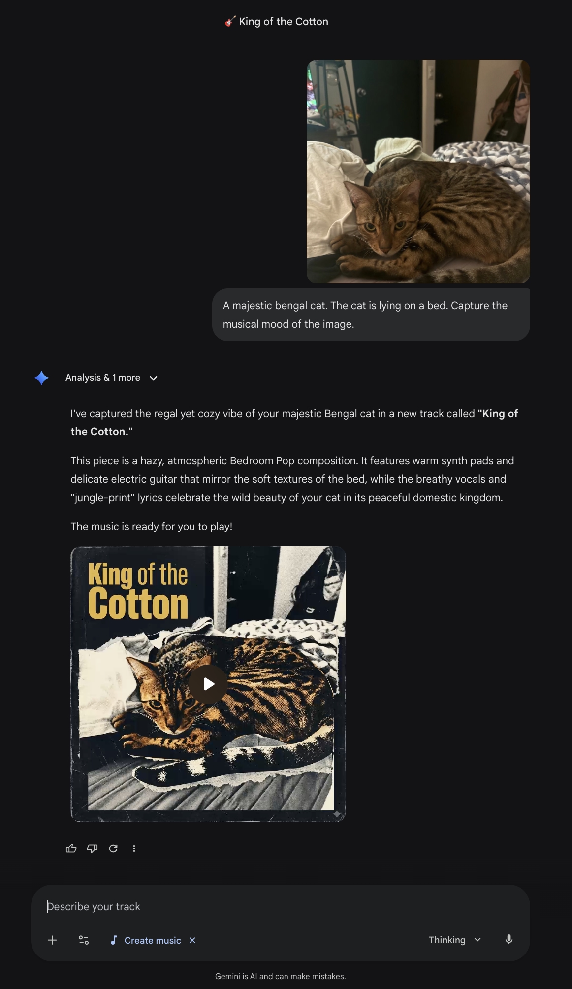 Screenshot of Google Gemini's music generation interface showing the image-to-music feature. A photo of a bengal cat lying on a bed was uploaded with the prompt "Capture the musical mood of the image." Gemini responded by generating a bedroom pop track titled "King of the Cotton," with auto-generated cover art showing a stylized black-and-white version of the cat.