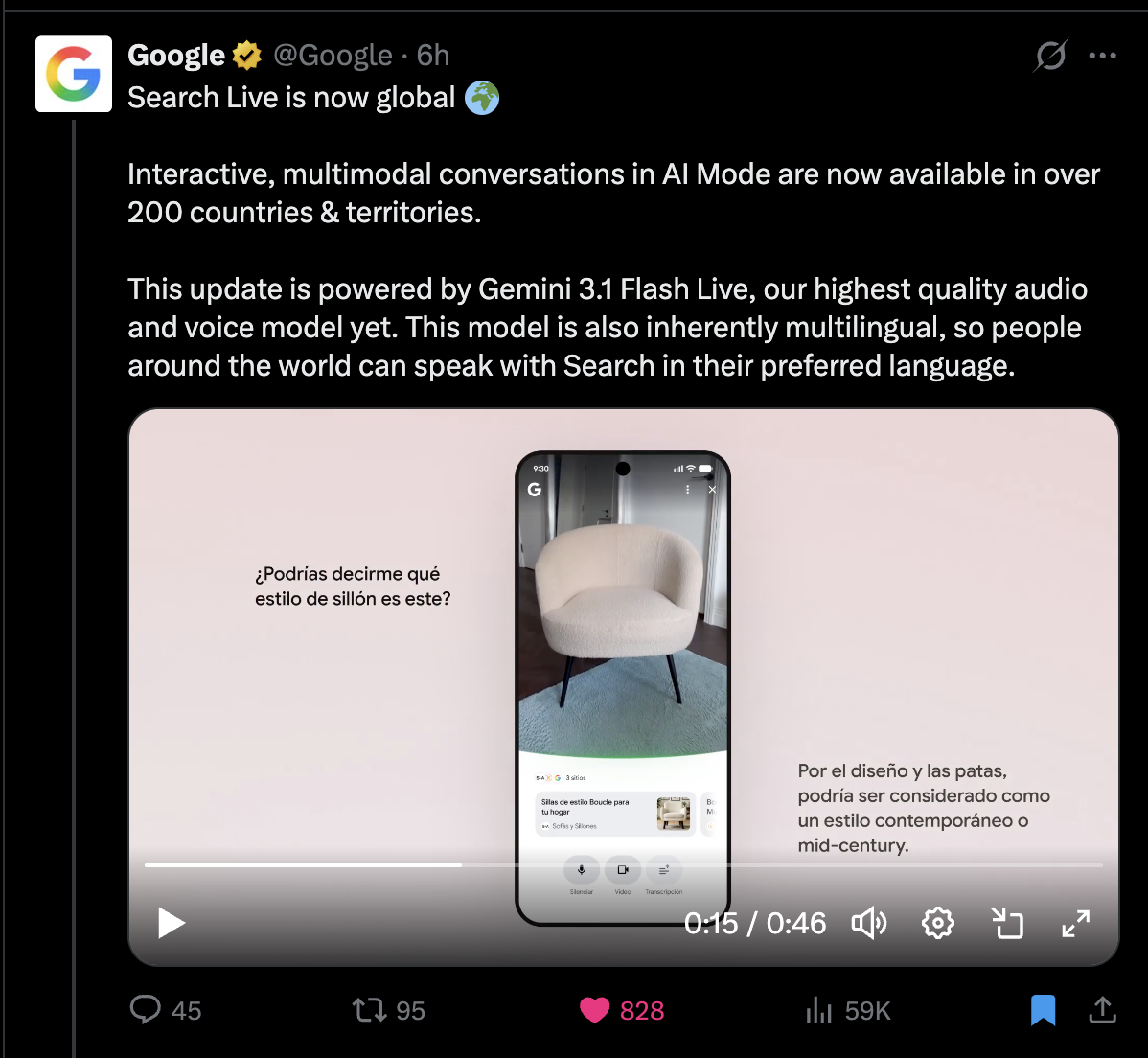 A post on X from Google's verified account announcing that Search Live is now global. The post includes a video showing a phone pointed at a white armchair, with a Spanish-language voice query asking what style of chair it is. The response identifies it as contemporary or mid-century style. The post has 828 likes and 59,000 views.