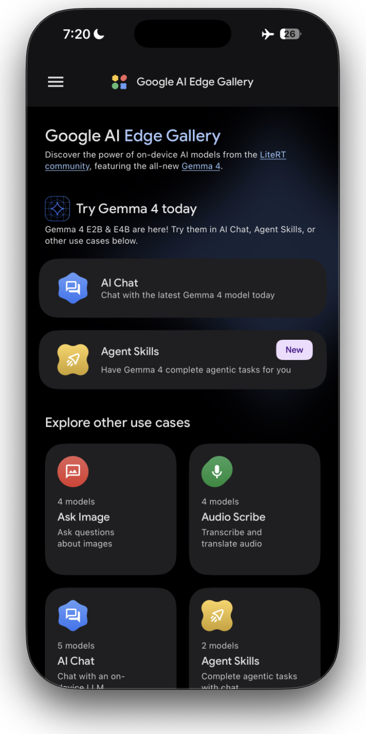 Google AI Edge Gallery app showing Gemma 4 E2B available for download