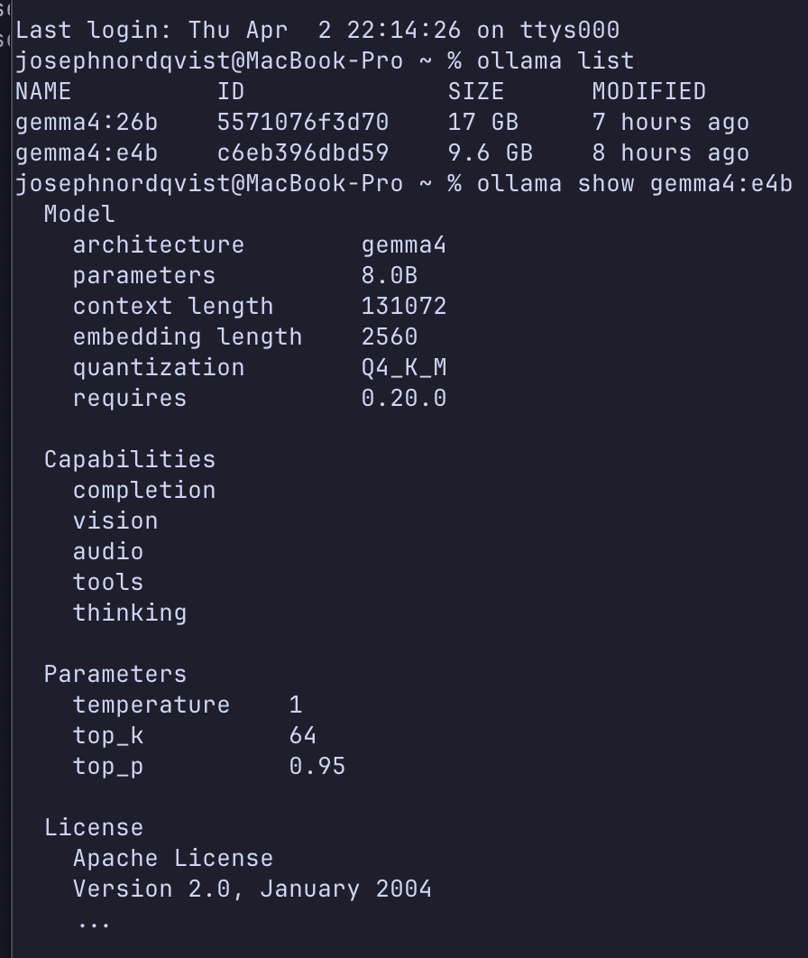 Real terminal screenshot showing ollama list and ollama show gemma4:e4b on MacBook Pro