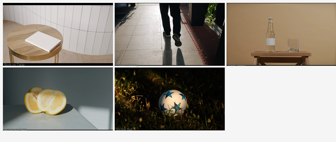 The five test clips used in our VOID benchmark: book on table, person walking, water glass, lemon on table, and soccer ball on grass