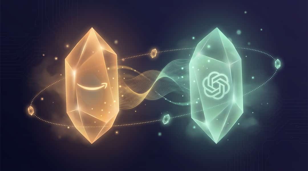 Abstract editorial illustration depicting a massive tech investment partnership, with two large crystalline forms connected by flowing energy streams against a dark navy background