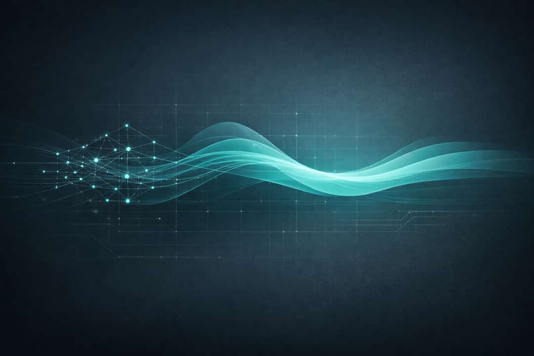 Abstract teal waveform splitting and rejoining over a grid, symbolizing real-time multilingual translation