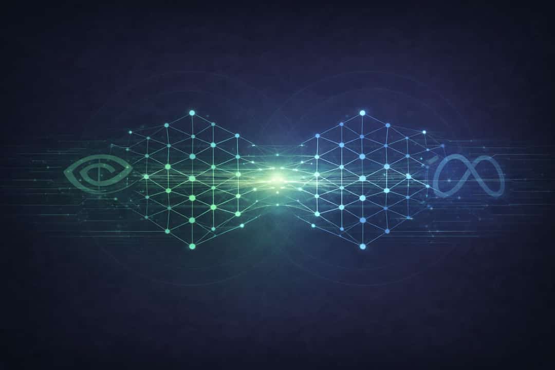 Abstract teal-and-blue network lattice on a dark charcoal background, with two clusters merging at a bright center glow and faint embedded NVIDIA and Meta icon shapes in the circuitry.