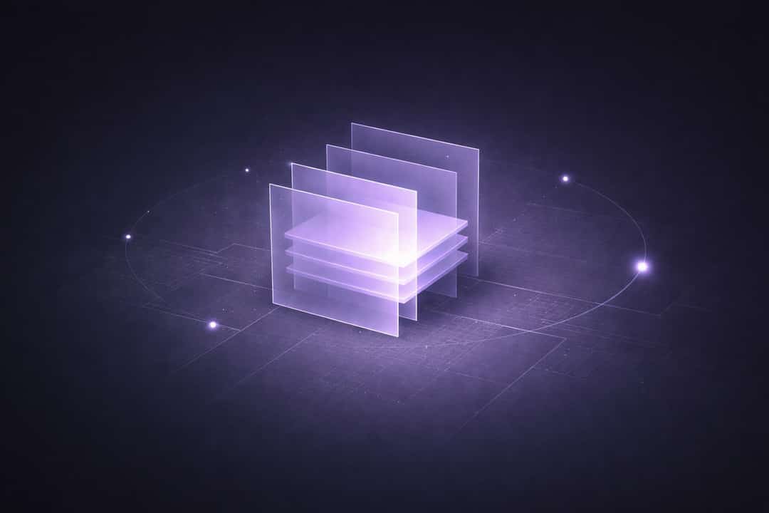 Abstract illustration of layered translucent panels forming an “agent tile,” surrounded by a ring of glowing nodes.