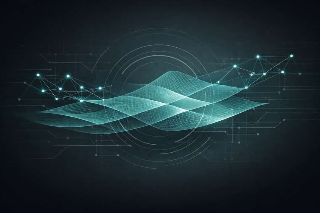 Minimal abstract illustration on a dark charcoal background featuring layered translucent teal meshes flowing horizontally across the center. Softly glowing node constellations connect along thin lines, intersecting with faint circuit-like traces and concentric inspection rings behind the structure. The composition suggests contextual code analysis and verified security pathways, rendered in a restrained, academic tech style.