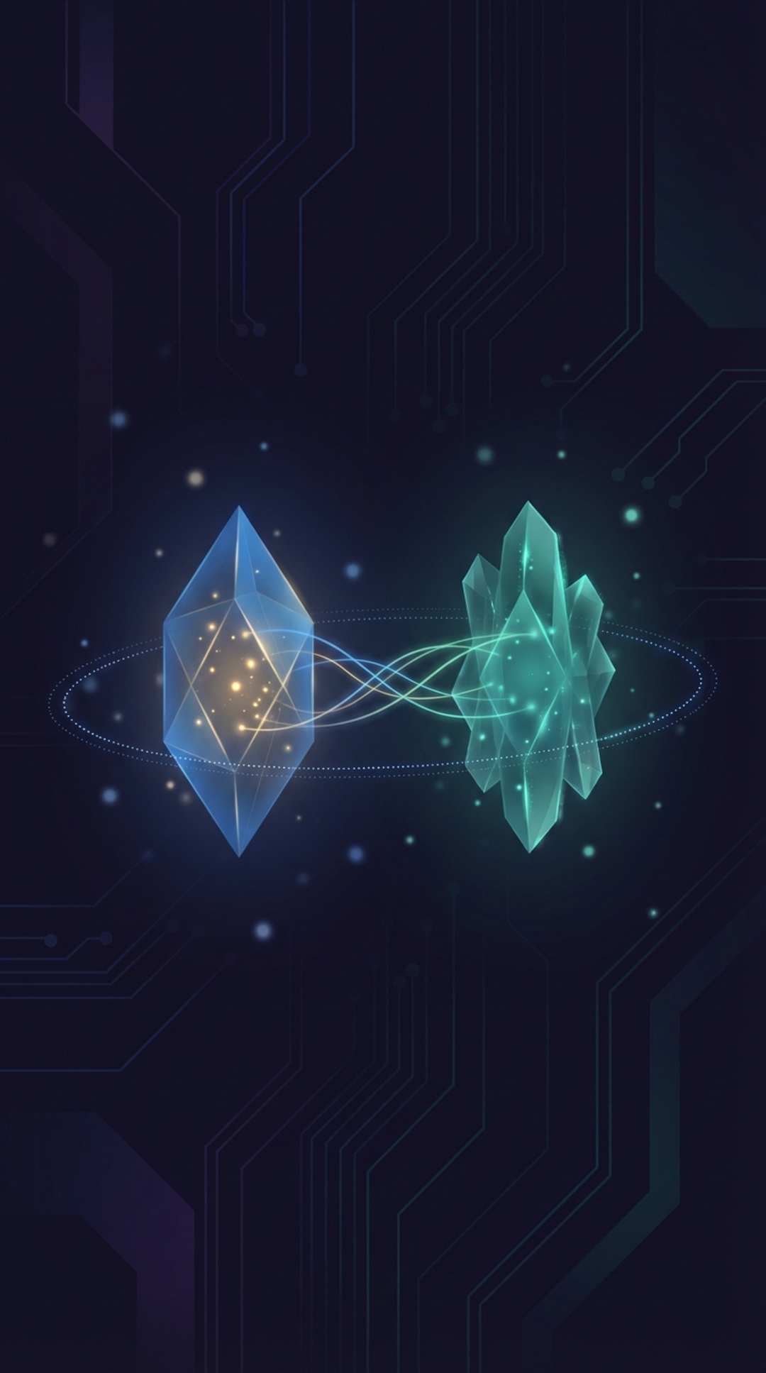 Abstract translucent crystalline forms converging in a dark space, representing a major technology partnership