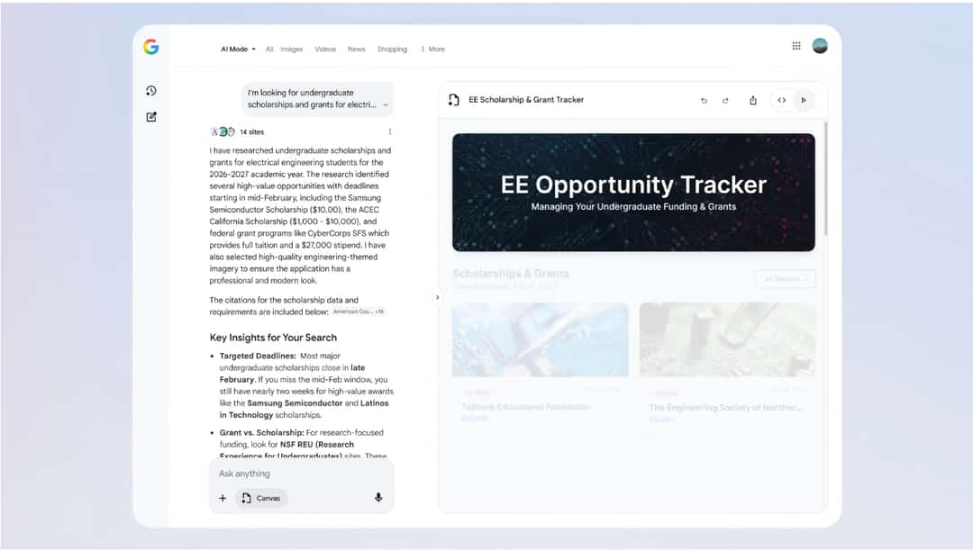 Google's Canvas in AI Mode showing an EE Scholarship and Grant Tracker dashboard in the right panel, generated from a search query for undergraduate scholarships and grants for electrical engineering.