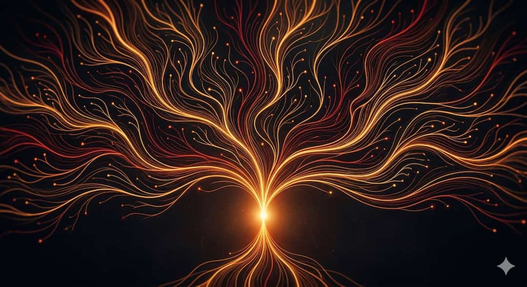 An abstract visualization of branching decision tree paths converging on a single point of light in warm amber and deep red tones against a dark background