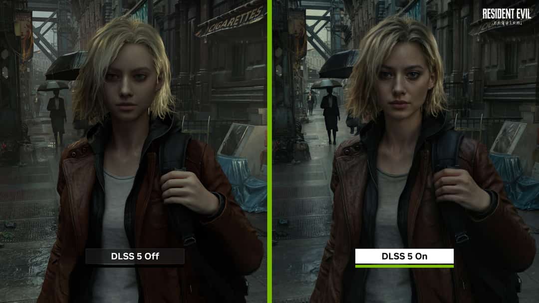 Side-by-side comparison of Resident Evil Requiem with DLSS 5 off (left) and DLSS 5 on (right). The left image shows a female character with blonde hair in a brown leather jacket rendered with standard lighting and visible game-engine artifacts. The right image shows the same scene with noticeably improved skin detail, more natural hair rendering, refined leather texture, and enhanced ambient lighting in a rain-soaked city street. Image credit: Nvidia