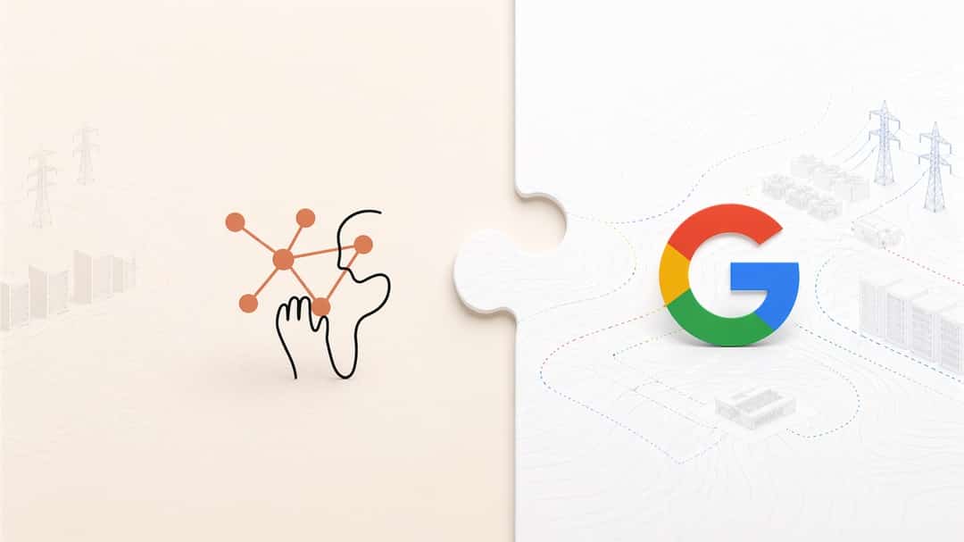 Split-screen illustration of the Anthropic–Google partnership: on the left, an Anthropic-style node-and-figure mark on a cream background; on the right, the Google G on a white background with faint data-center and power-grid motifs. The two halves interlock like puzzle pieces.