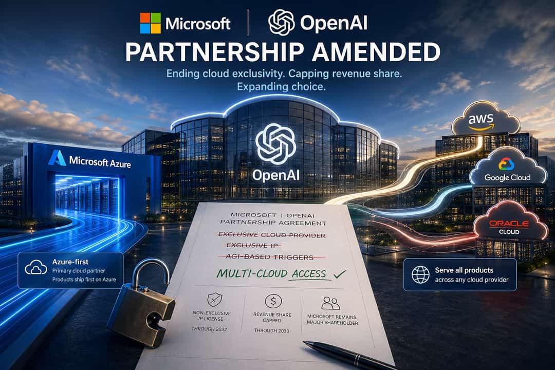 Editorial cover illustration of the Microsoft-OpenAI partnership amendment. Microsoft and OpenAI logos sit side by side at the top, beneath the headline "Partnership Amended" and the subtitle "Ending cloud exclusivity. Capping revenue share. Expanding choice." Below, a stylized partnership-agreement document shows three lines crossed out (exclusive cloud provider, exclusive IP, AGI-based triggers) and one line added in green: "Multi-Cloud Access." On the left, an "Azure-first" callout reads "Primary cloud partner. Products ship first on Azure." On the right, beams of light flow from an OpenAI logo to AWS, Google Cloud, and Oracle Cloud logos, captioned "Serve all products across any cloud provider." Three pill-shaped stat cards along the bottom read "Non-exclusive IP license through 2032," "Revenue share capped through 2030," and "Microsoft remains major shareholder." A padlock sits open at the lower left.