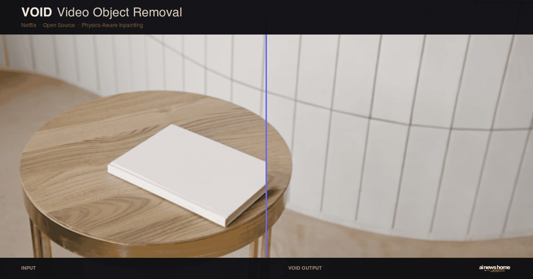 Before and after comparison of VOID removing a book from a wooden table, showing reconstructed wood grain