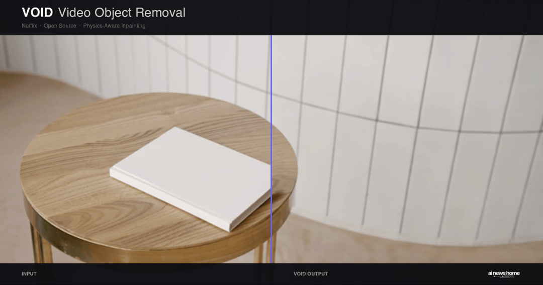 Before and after comparison of VOID removing a book from a wooden table, showing reconstructed wood grain