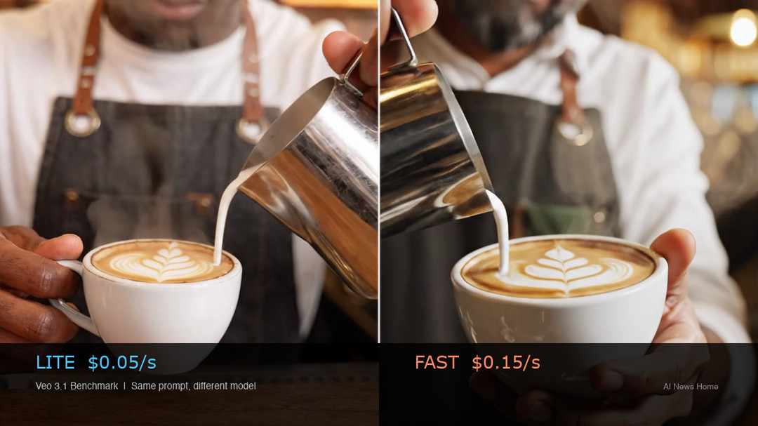 Side-by-side frame comparison of Veo 3.1 Lite versus Fast video generation showing a barista pouring latte art