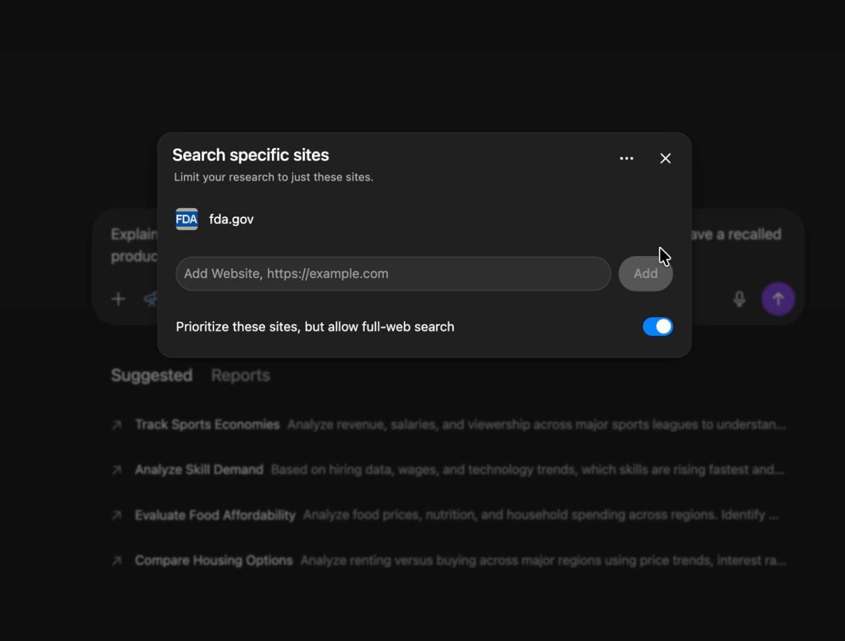 Selecting specific sites for ChatGPT deep research to use