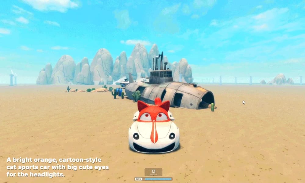 Animated gameplay clip showing AI-generated objects in Roblox, including a cartoon-style car driving across a desert scene and a toy gun being used in first-person view.