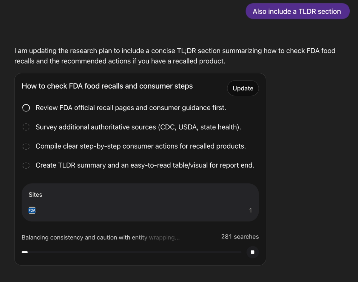 image of deep research running and prompting it mid-run to add a tldr section