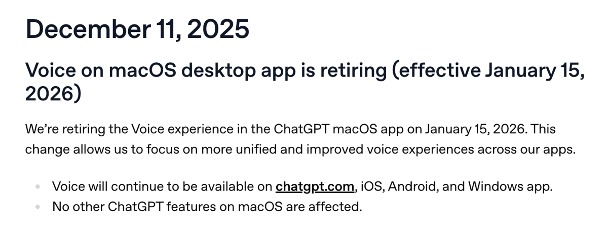Screenshot of OpenAI ChatGPT release notes announcing the retirement of voice on the macOS app, published December 11, 2025.